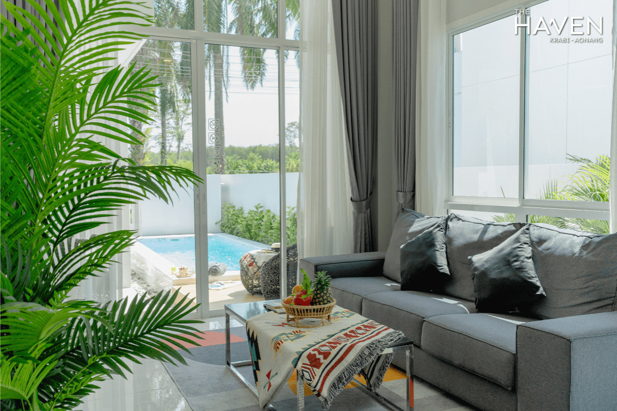 Private pool villa living space